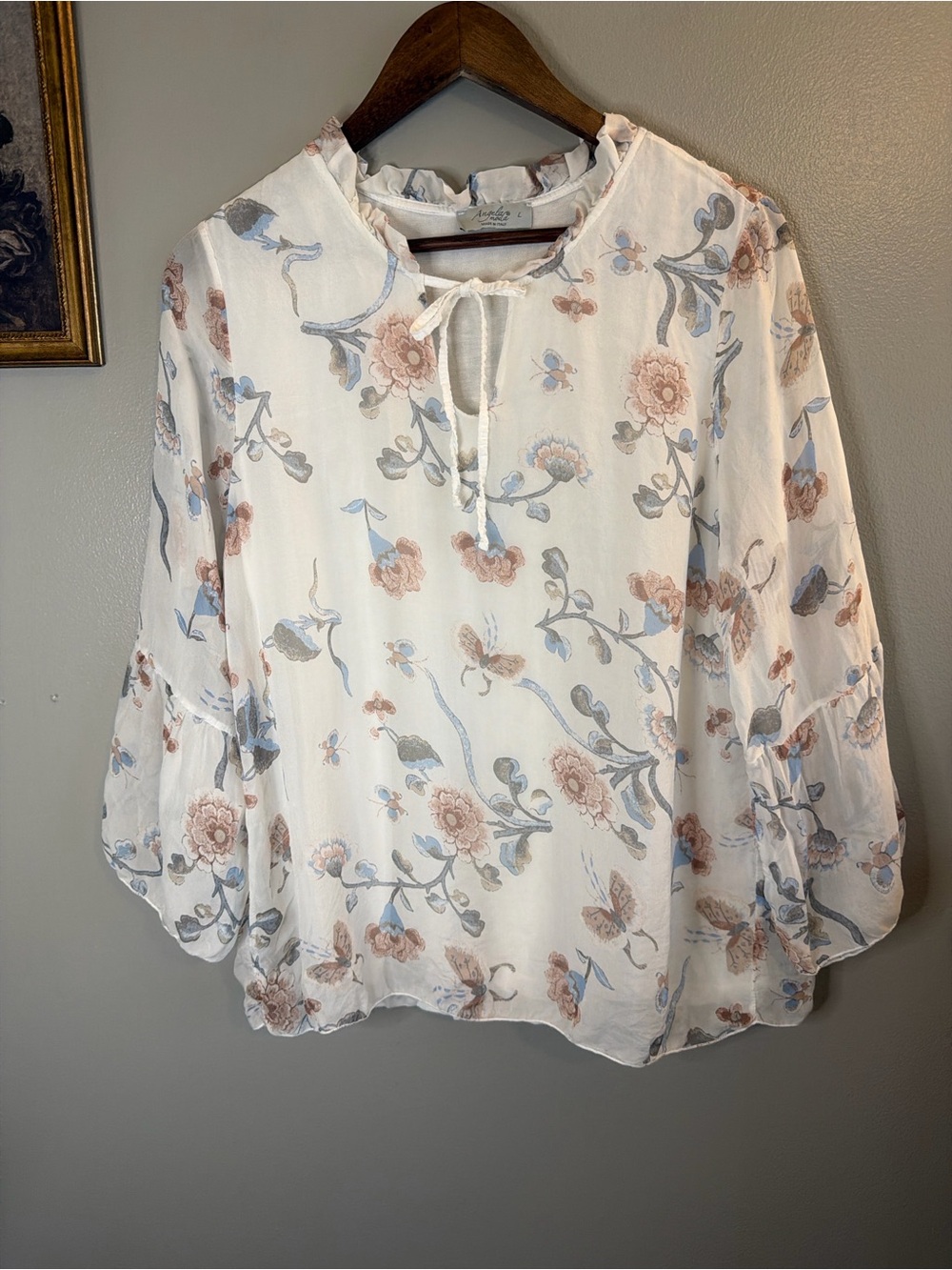 Angela Moda Made in Italy 100% Silk Floral Peasant Blouse Large Boho Cottagecore - Picture 2 of 8